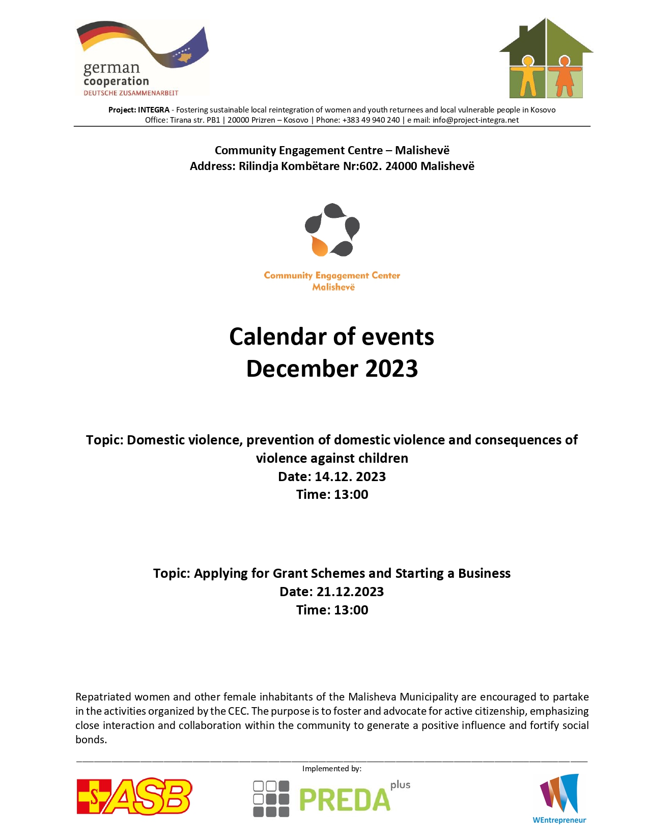 Calendar of events of the Malisheva Community Engagement Center