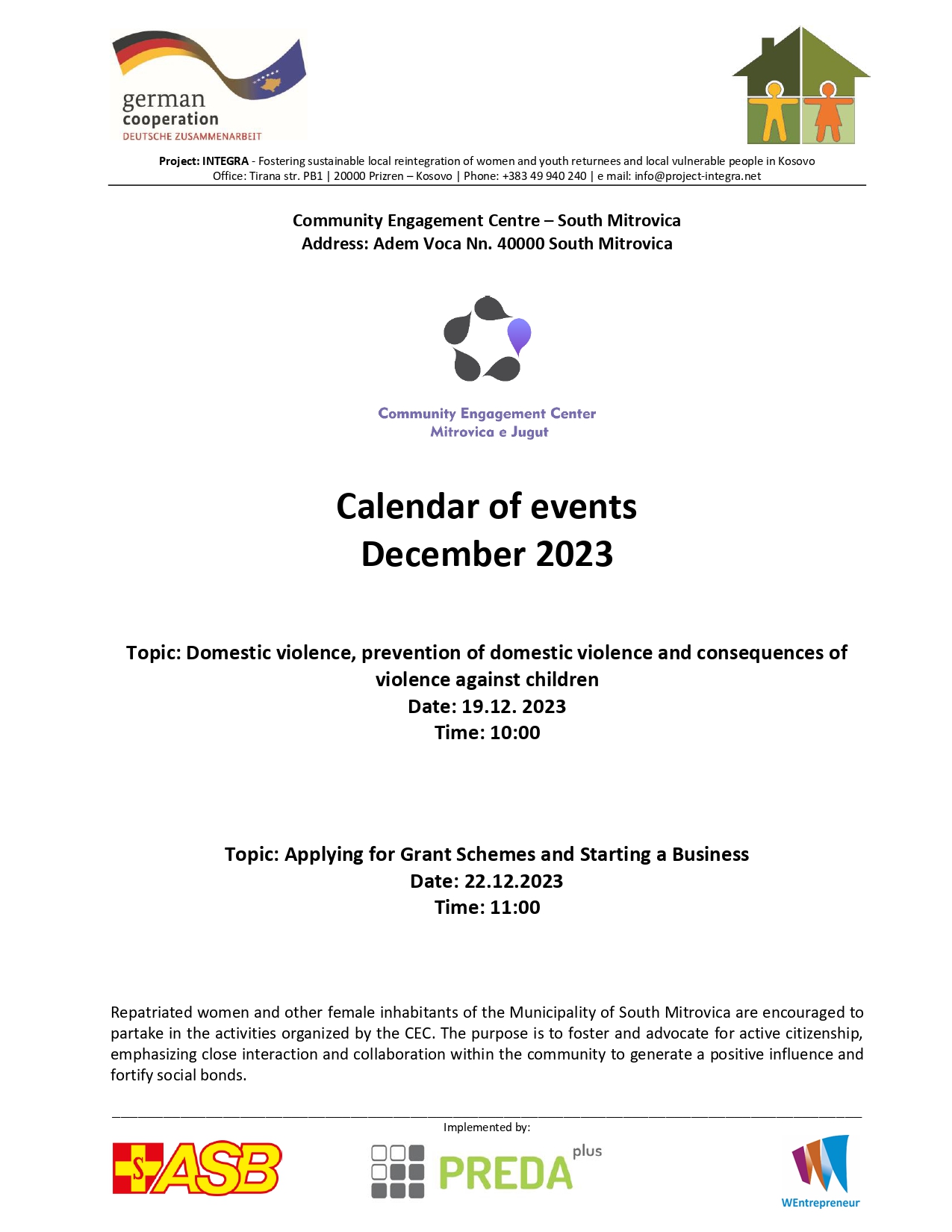 Calendar of events of the South Mitrovica Community Engagement Center