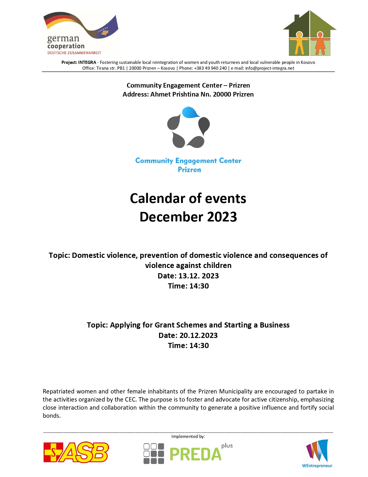 Calendar of events of the Prizren Community Engagement Center