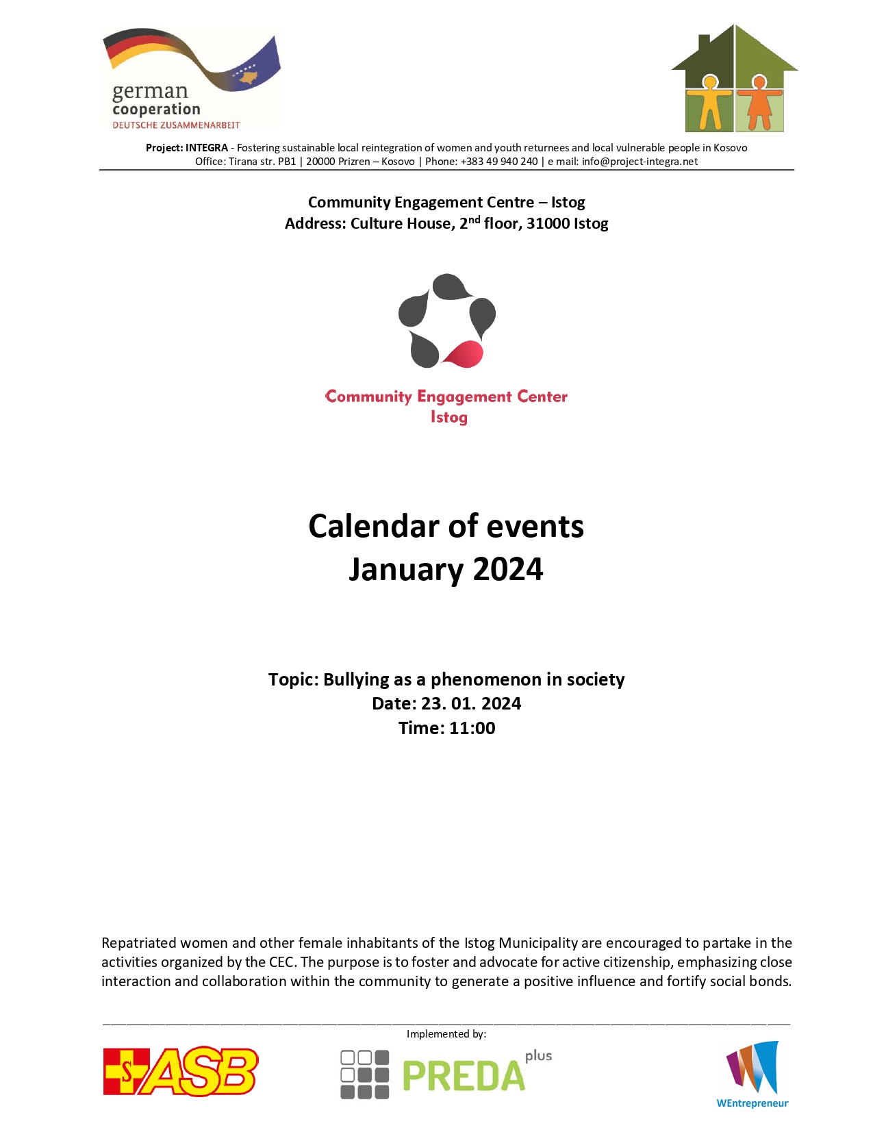 Calendar of events of the Istog Community Engagement Center