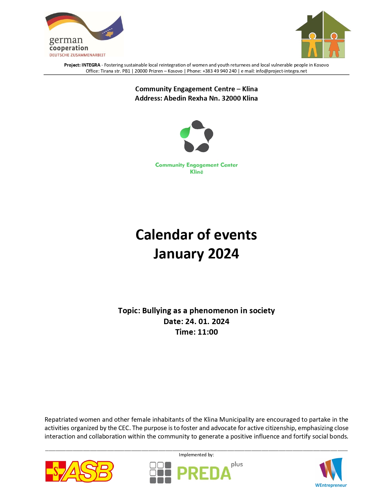 Calendar of events of the Klina Community Engagement Center