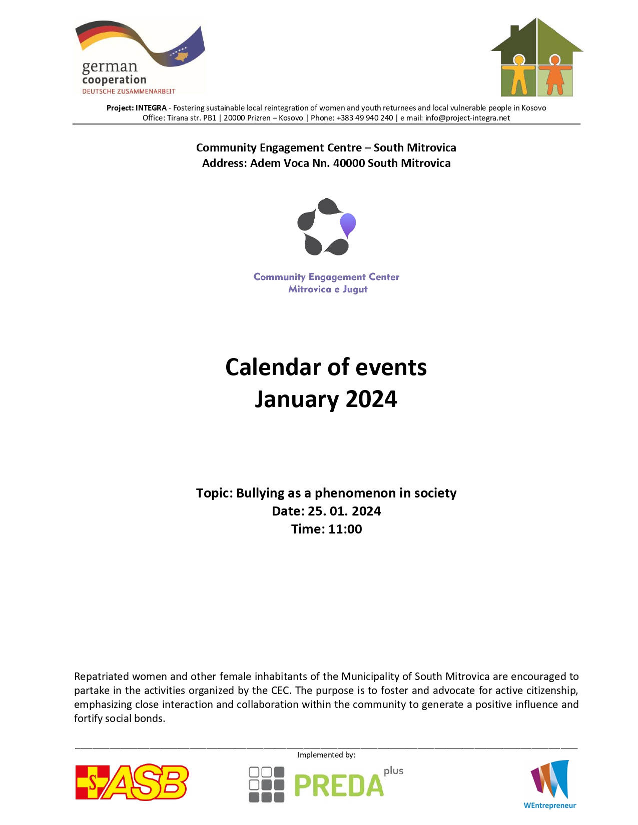 Calendar of events of the South Mitrovica Community Engagement Center