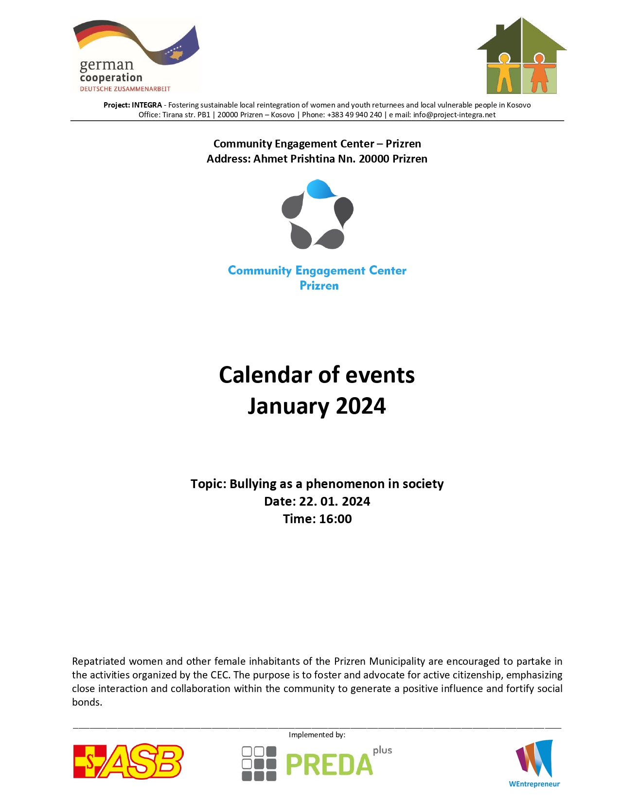 Calendar of events of the Prizren Community Engagement Center