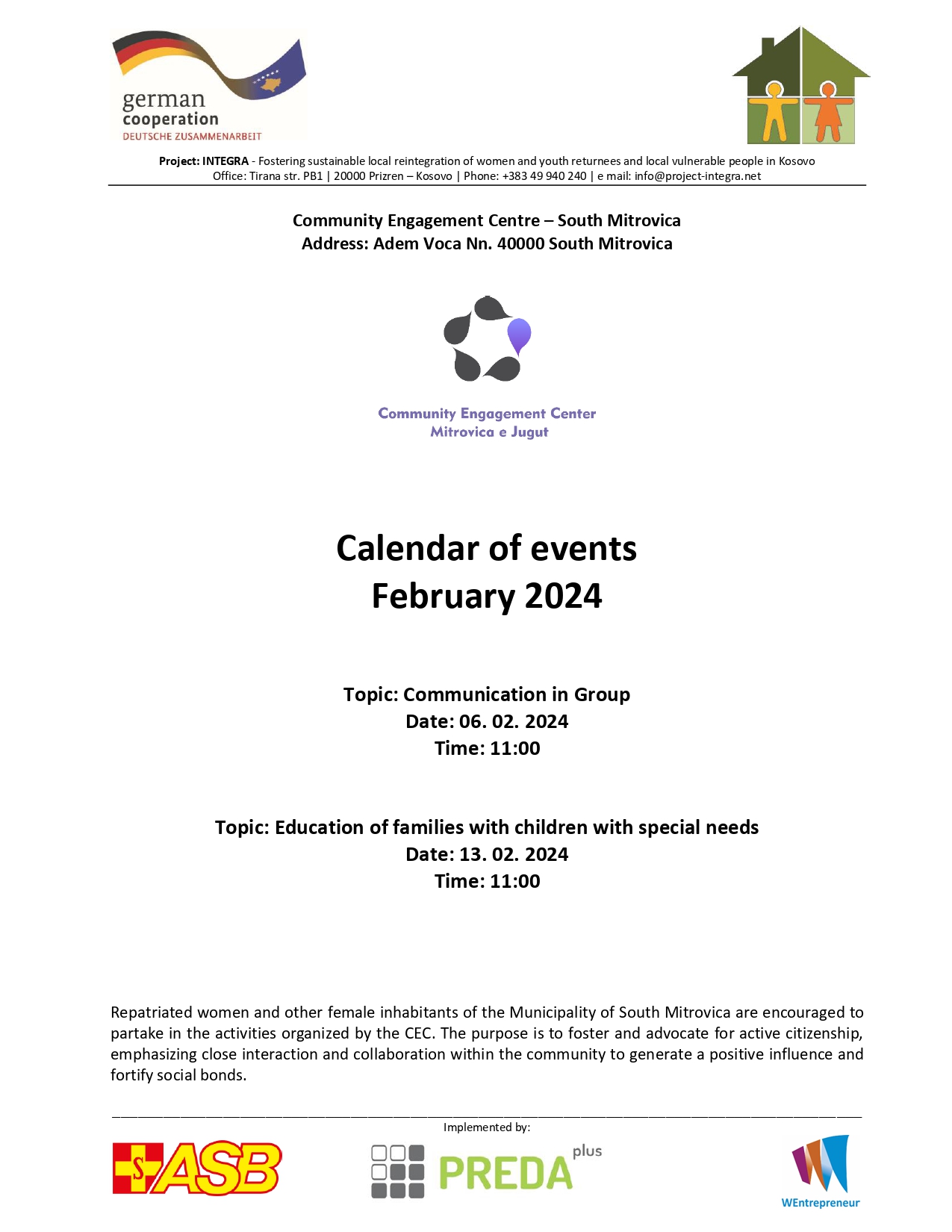 Calendar of events of the South Mitrovica Community Engagement Center