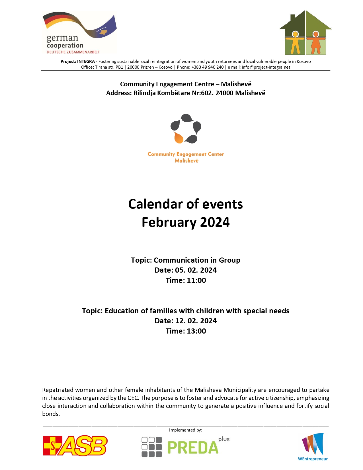 Calendar of events of the Malisheva Community Engagement Center