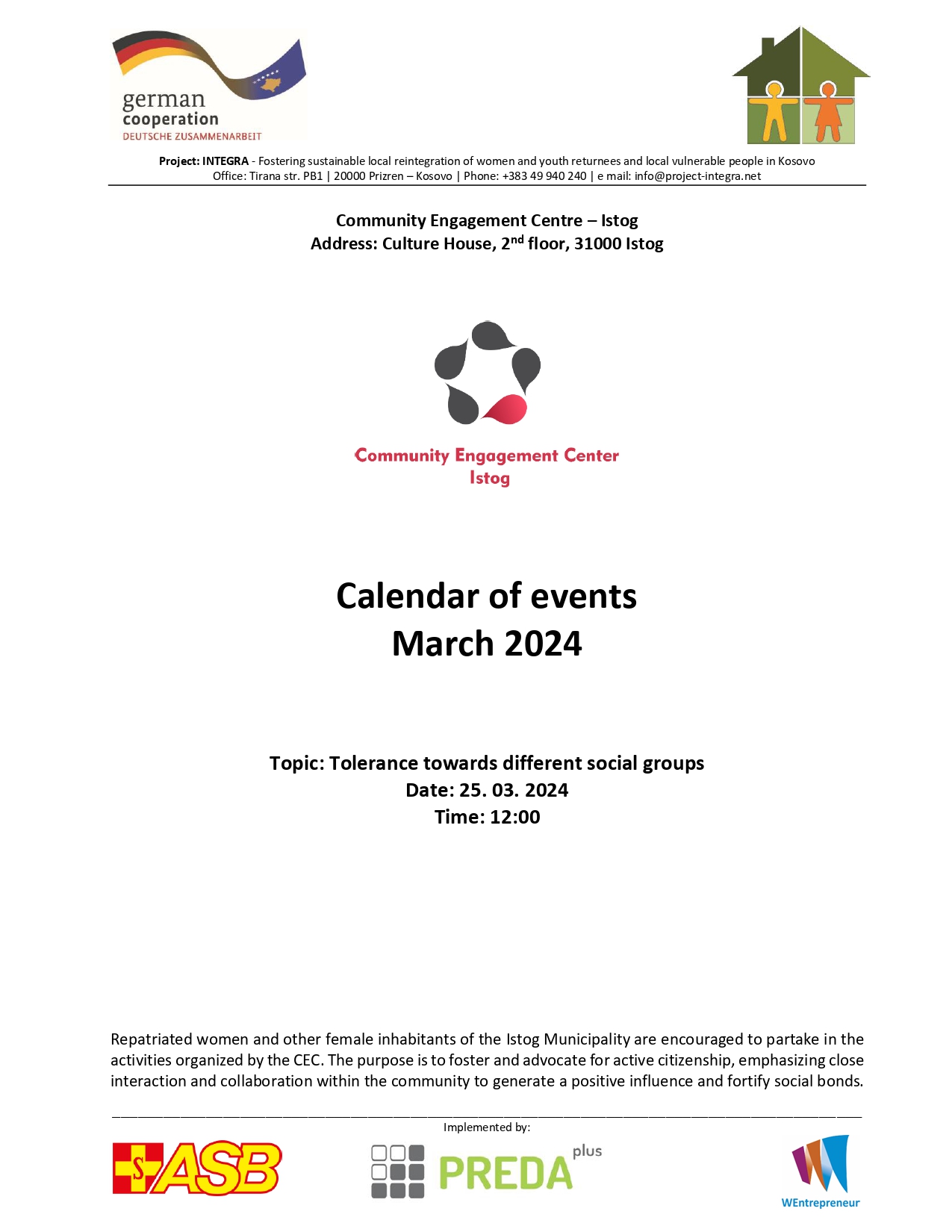 Calendar of events of the Istog Community Engagement Center