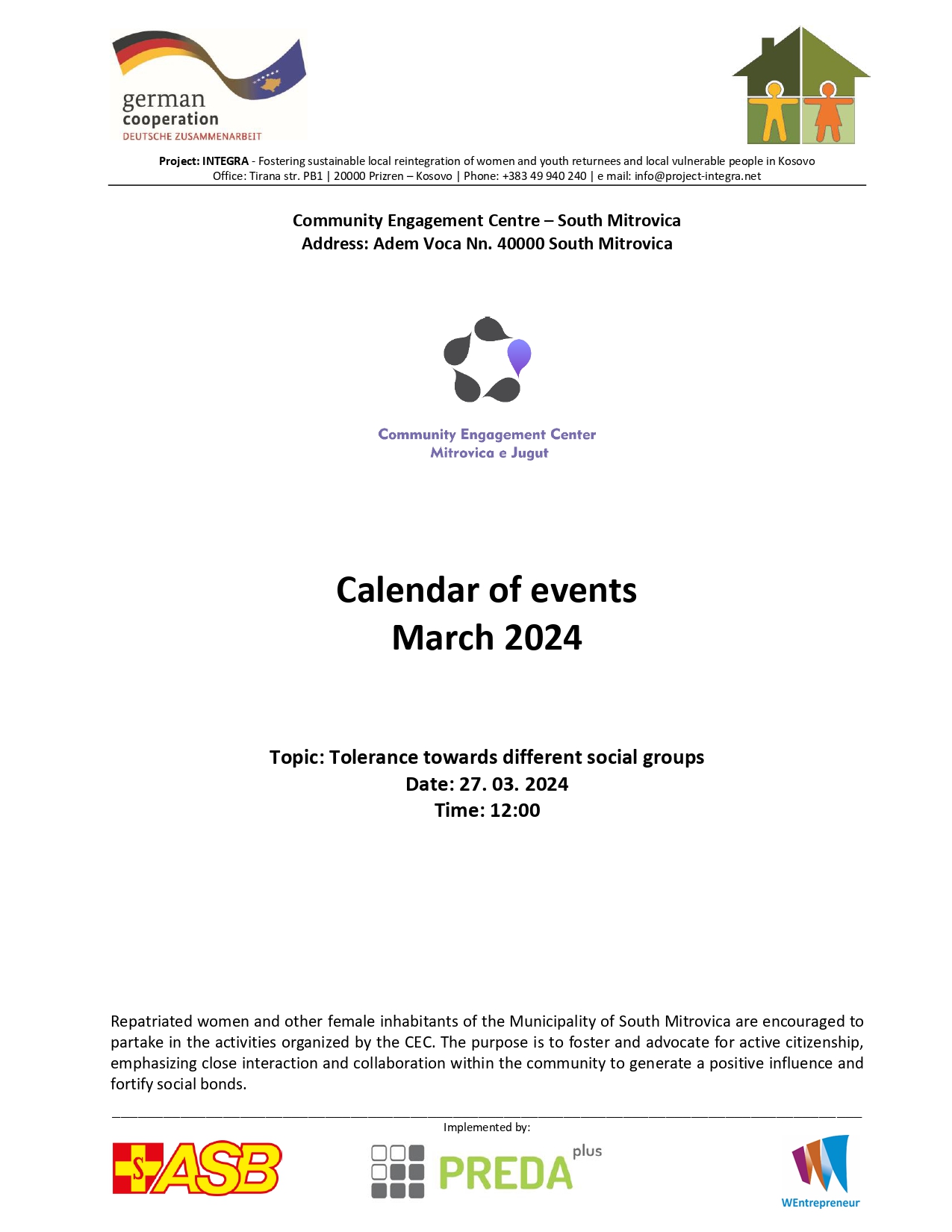 Calendar of events of the South Mitrovica Community Engagement Center