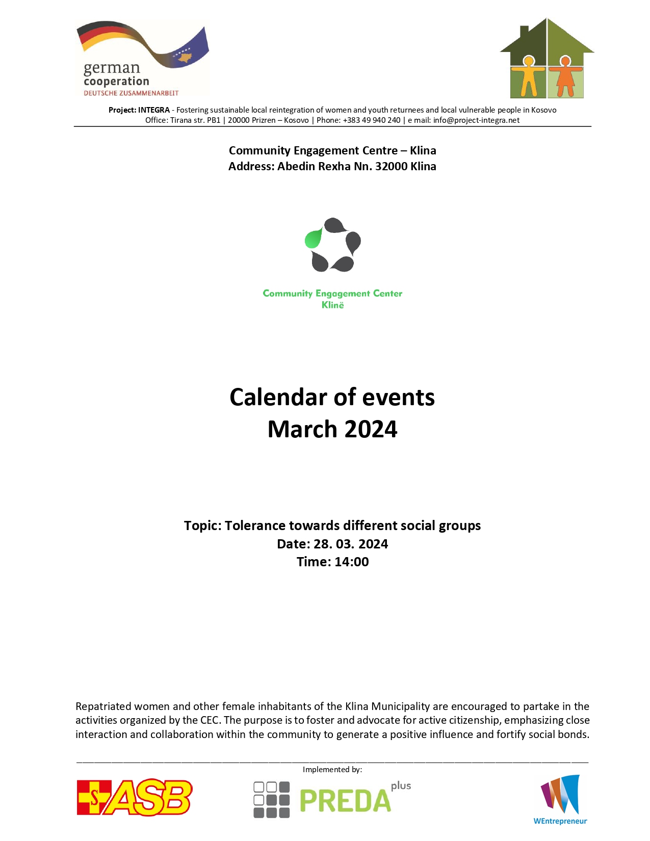 Calendar of events of the Klina Community Engagement Center