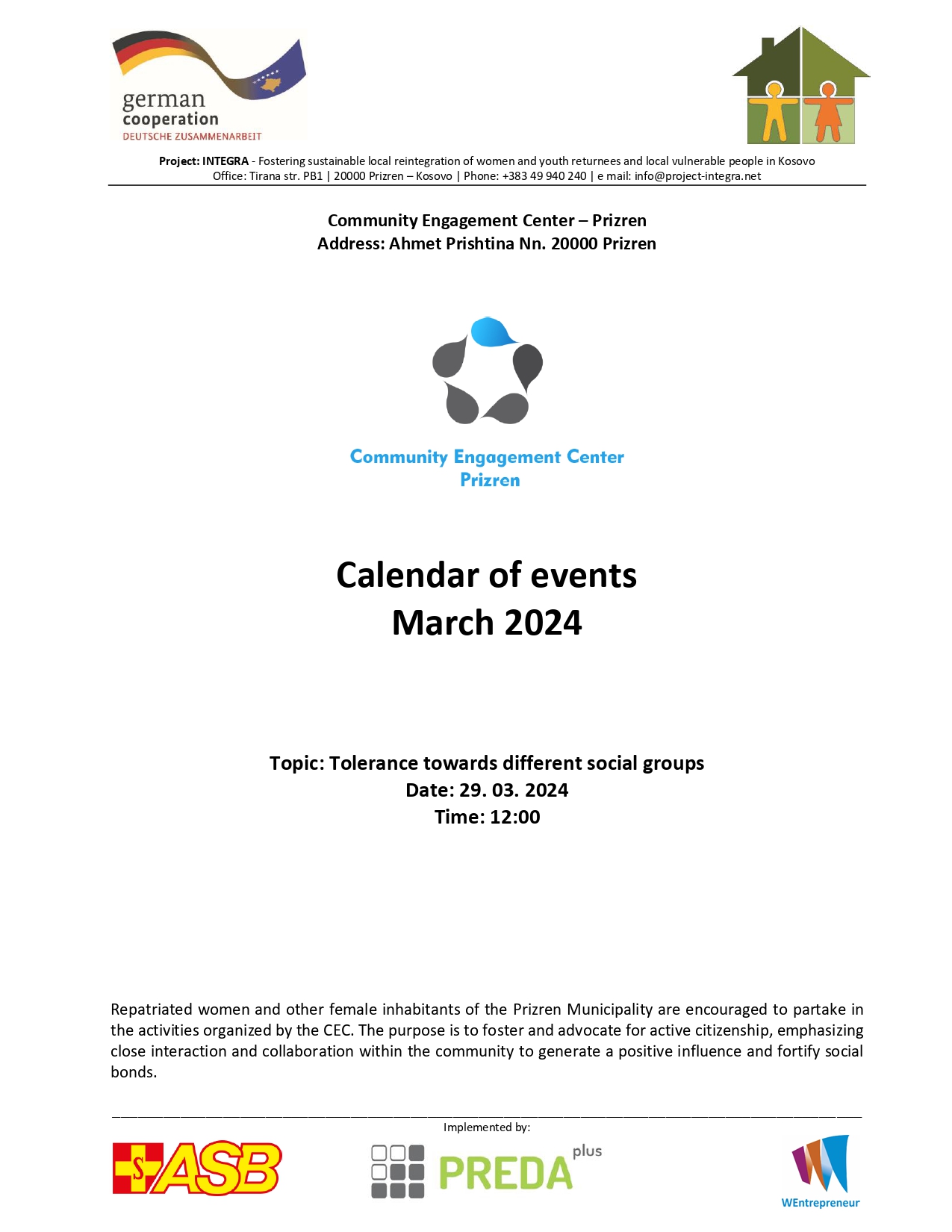 Calendar of events of the Prizren Community Engagement Center