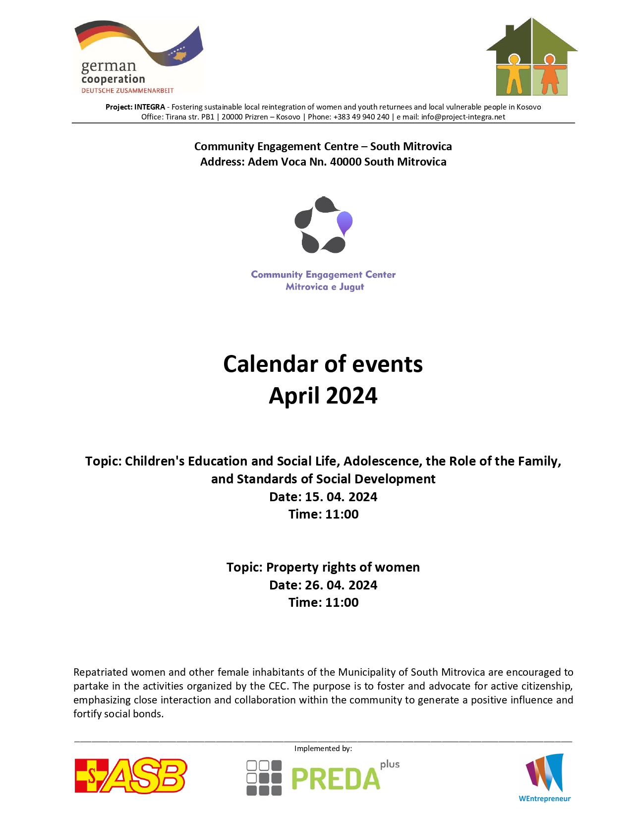 Calendar of events of the South Mitrovica Community Engagement Center