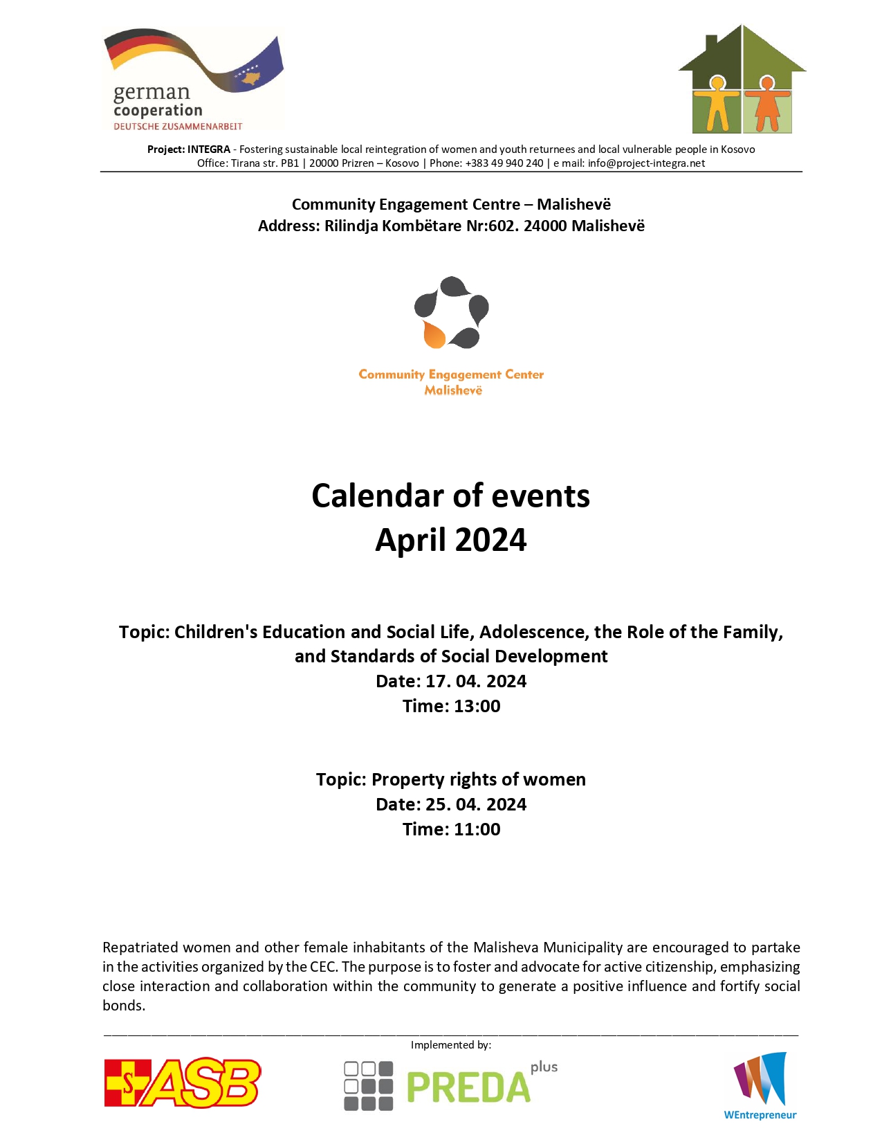 Calendar of events of the Malisheva Community Engagement Center