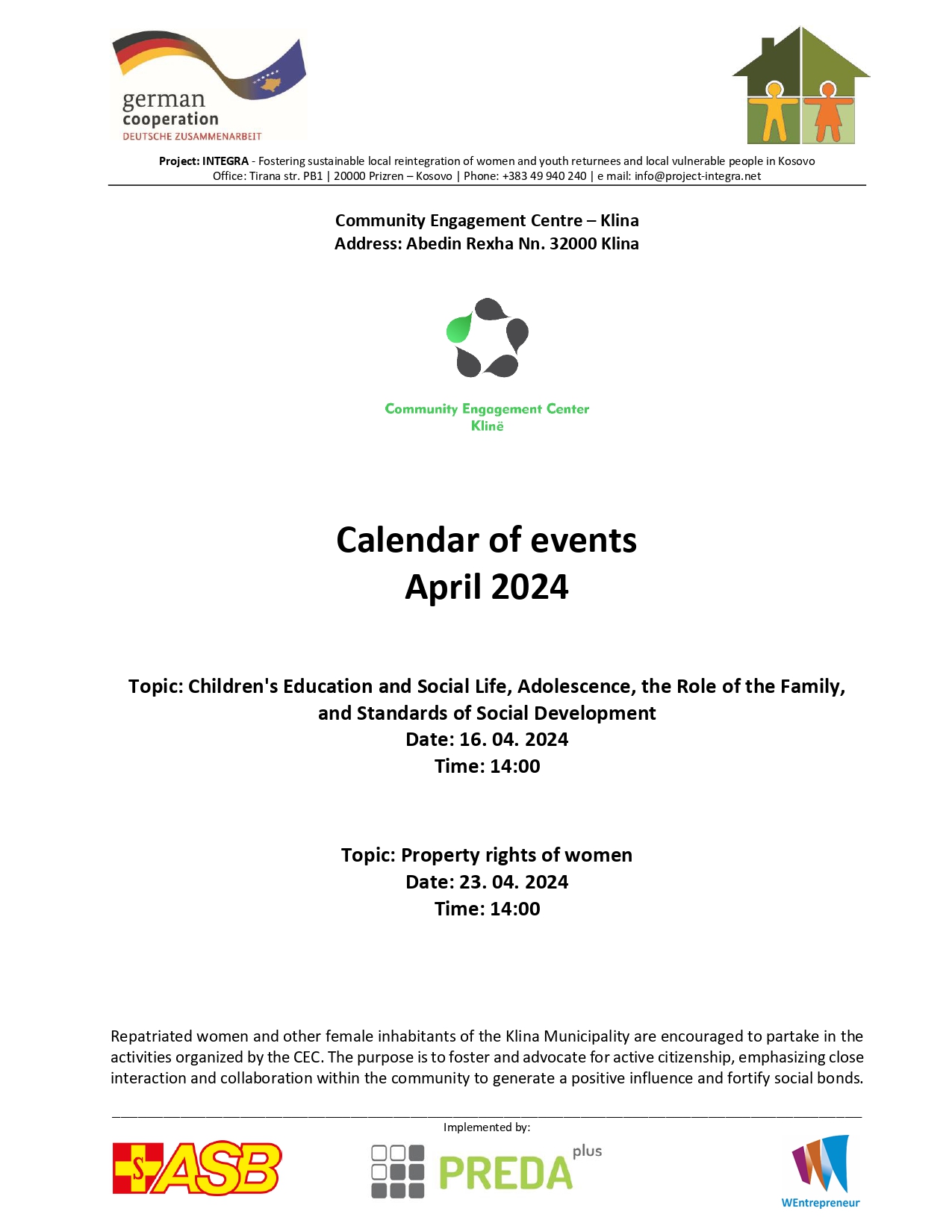 Calendar of events of the Klina Community Engagement Center