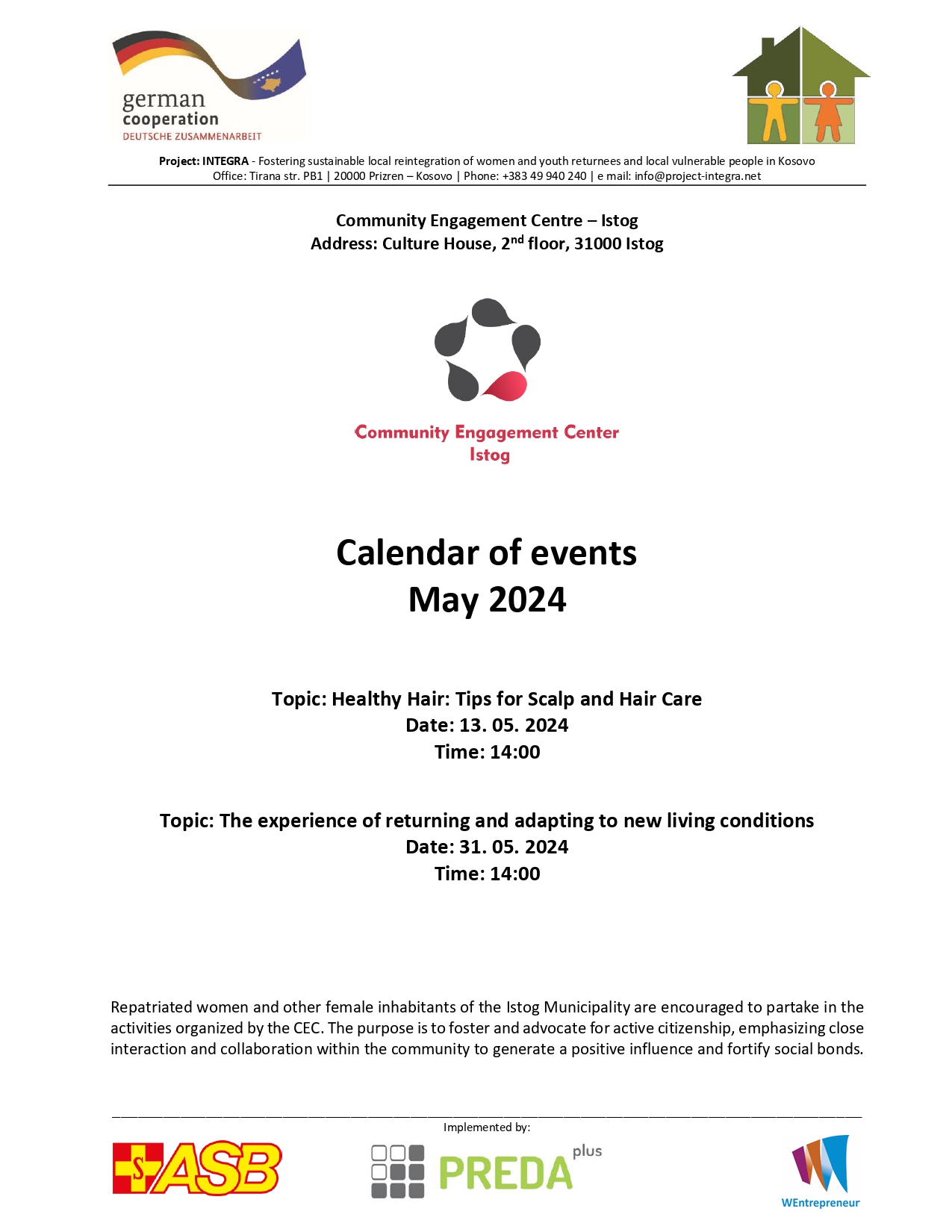 Calendar of events for Community Engagement Centers – May 2024