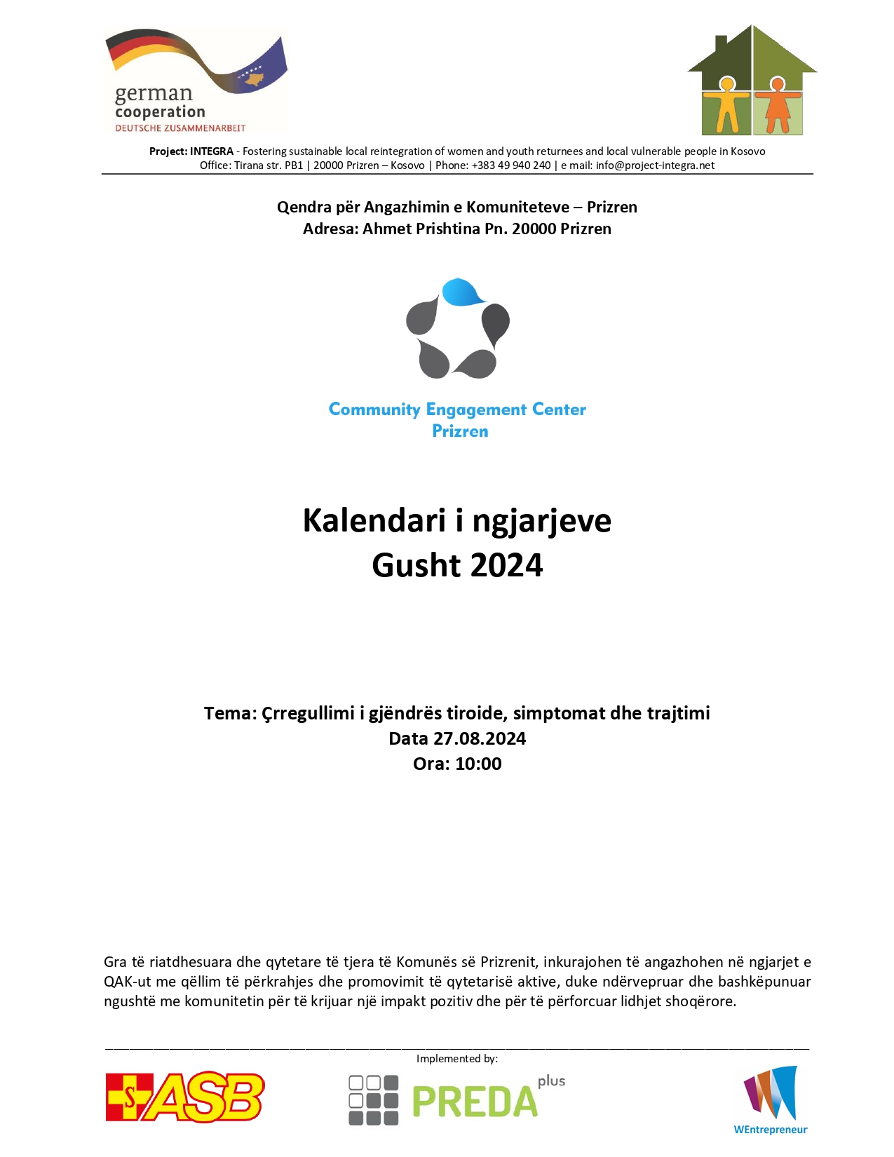 Kalendari i ngjarjeve për Qendrat e Angazhimit të Komunitetit – Gusht 2024