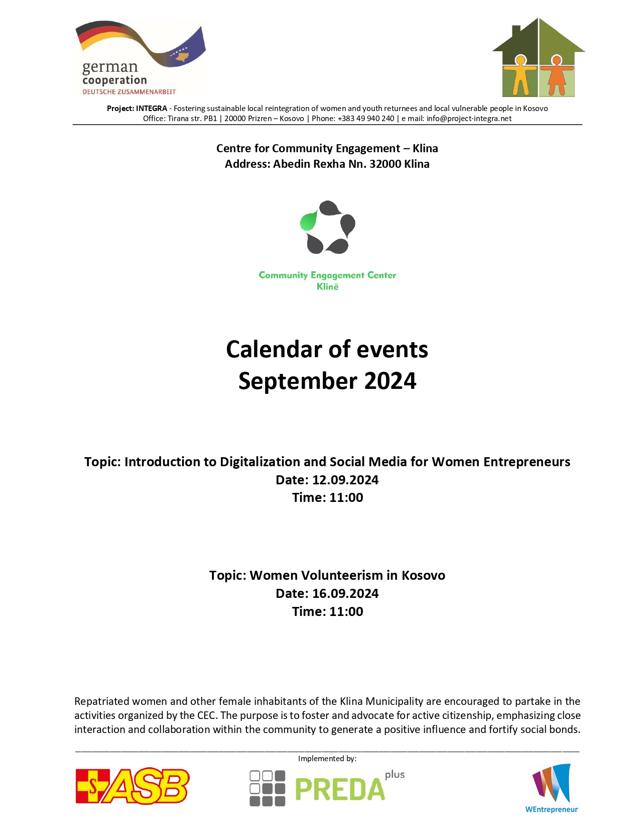 Calendar of events for Community Engagement Centers – September 2024