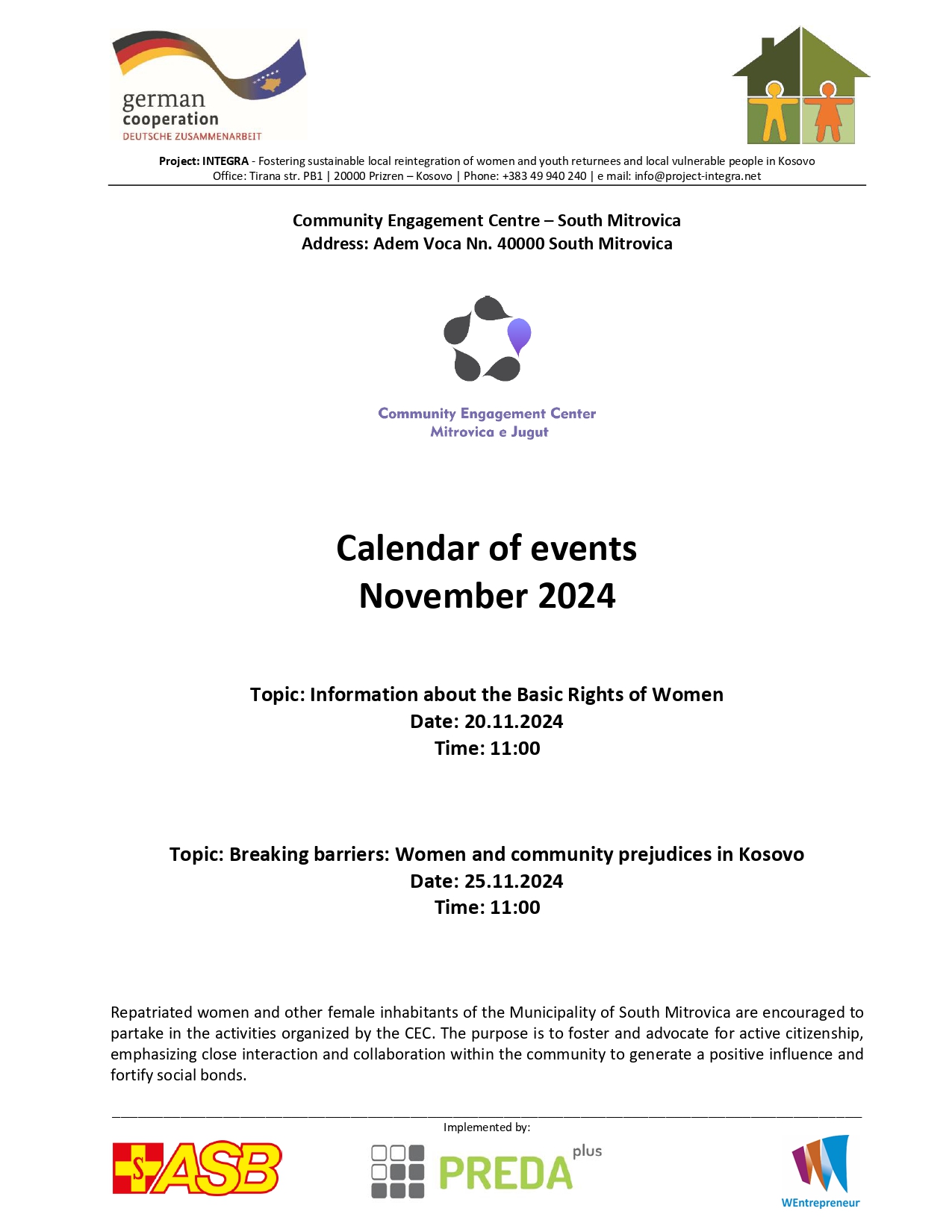 Calendar of events for Community Engagement Centers – November 2024