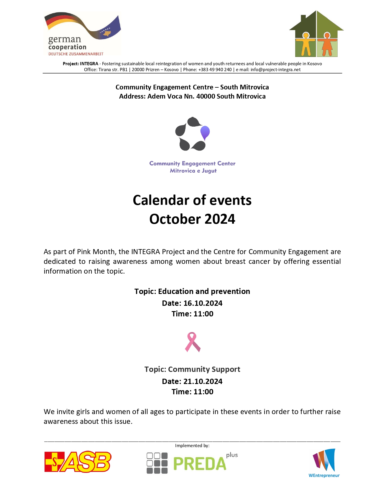 Calendar of events for Community Engagement Centers – October 2024