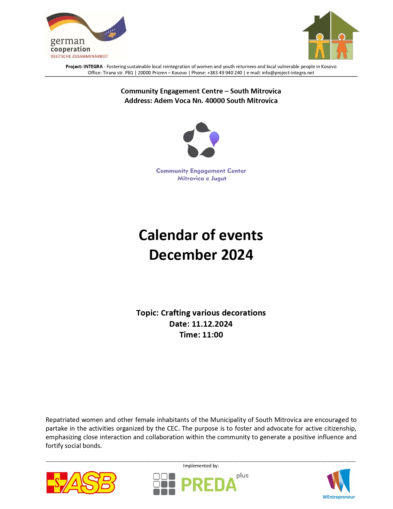 Calendar of events for Community Engagement Centers – December 2024